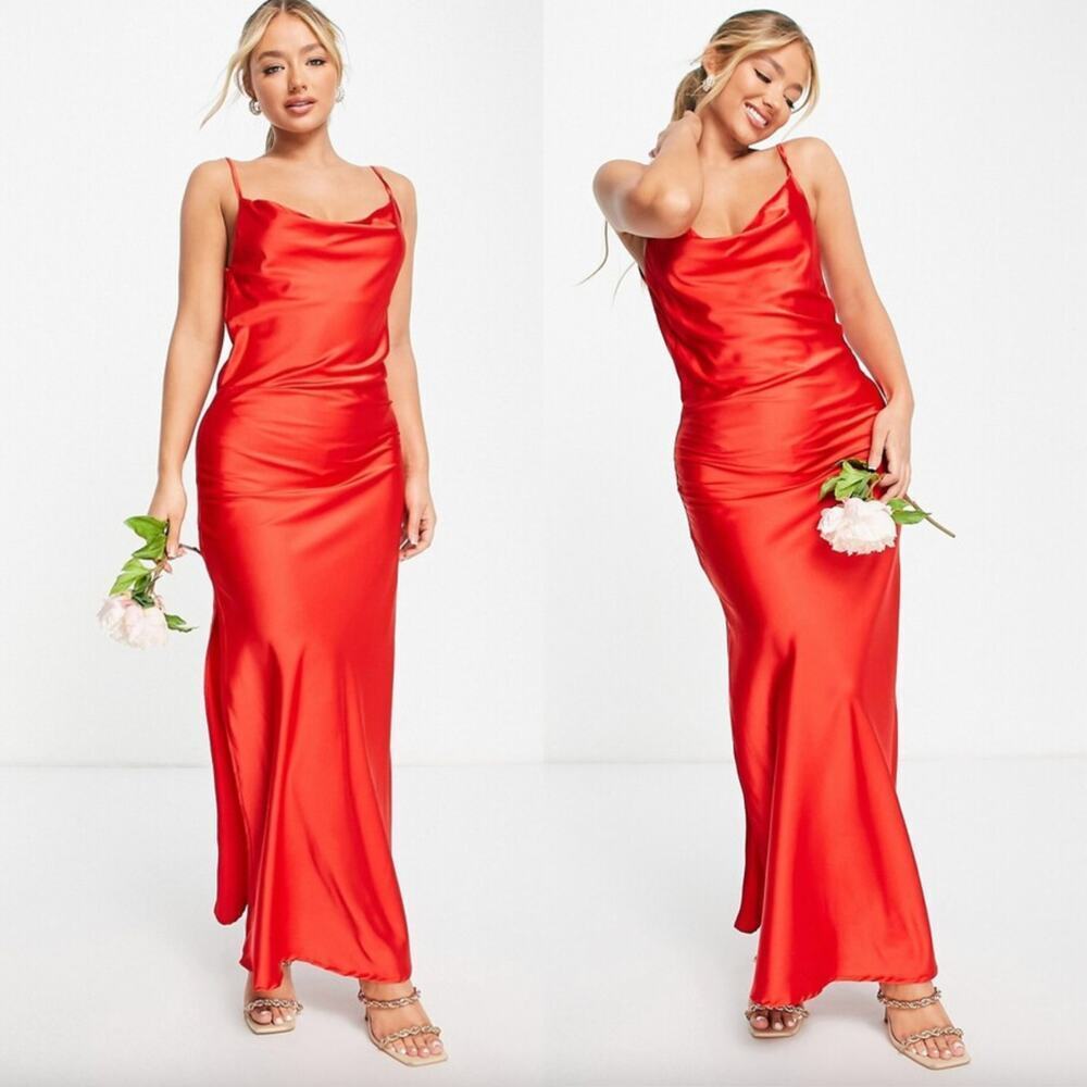 AX Paris Red Satin Maxi Dress | US 8 UK 12 Cowl, Formal Gown, Wedding, Party NWT